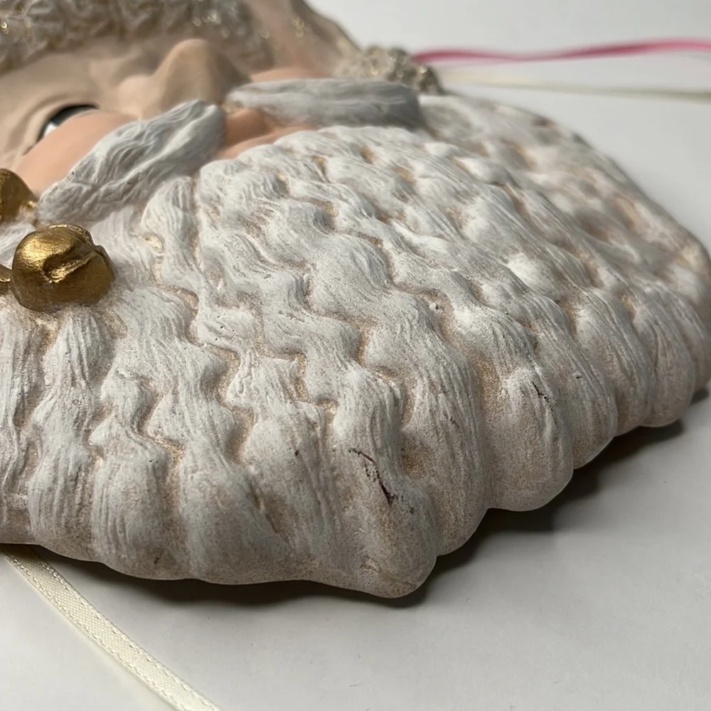 Pastel Ceramic Santa Face with Pink Hat Christmas Wall Decoration Gold Glitter‎